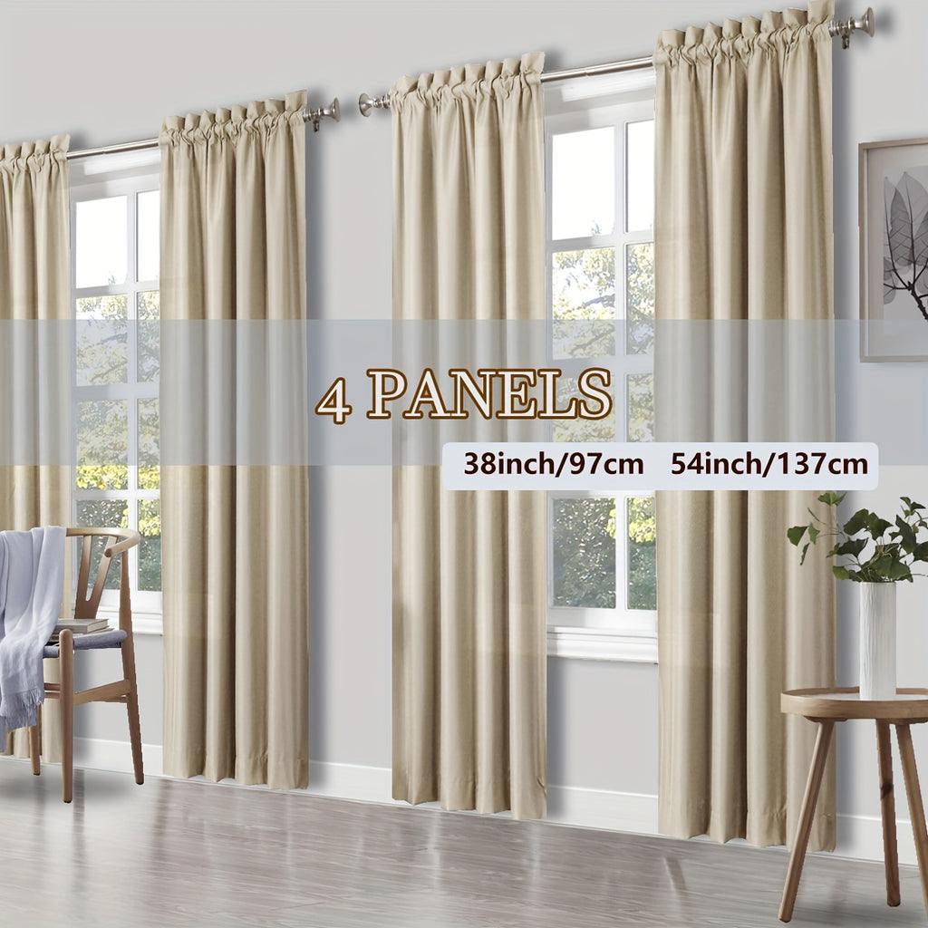 Light Filtering Rod Pocket Curtains, 4 Solid Color Window Panels for Living Room, Bedroom and Home Office Decor in Multiple Sizes