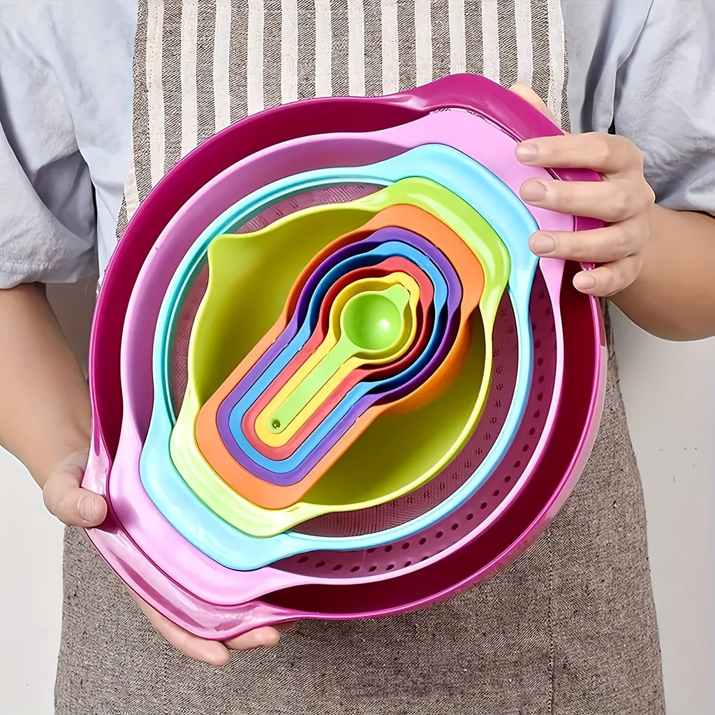 10pcs/Set Mixing Bowl, Colour Measure Cup And Spoons, Salad Bowl Set, Plastic Measuring Cups Set, Nesting Bowl, Baking Measurement Utensil, Kitchen Measuring Colander, Colander Sifter Tool, Kitchen Tool, Baking Tools, Back To School Supplies