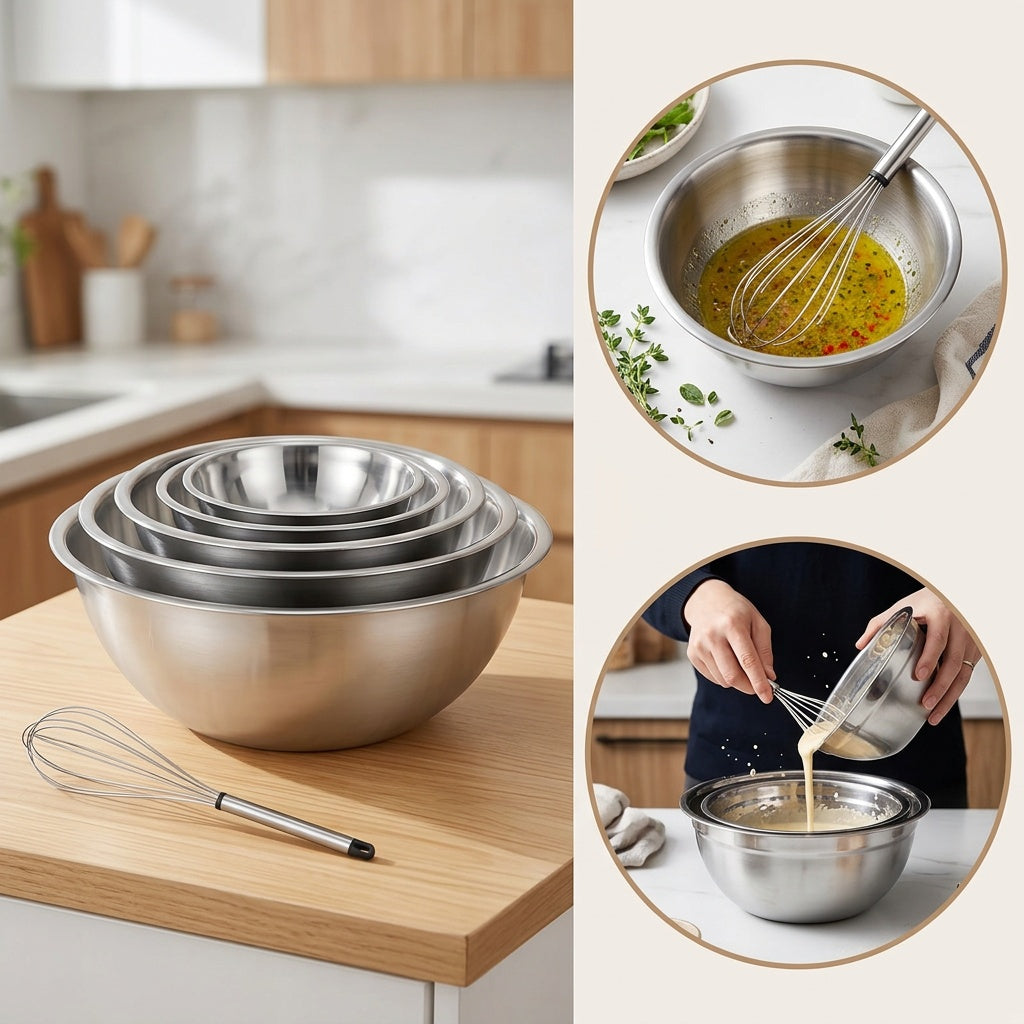 5pcs Stainless Steel Mixing Bowls, 201Stainless Steel Mixing Bowl Set - Easy to Clean, Nesting Bowls for Space Saving Storage, Great for Cooking, Baking, Prepping, Christmas Gifts