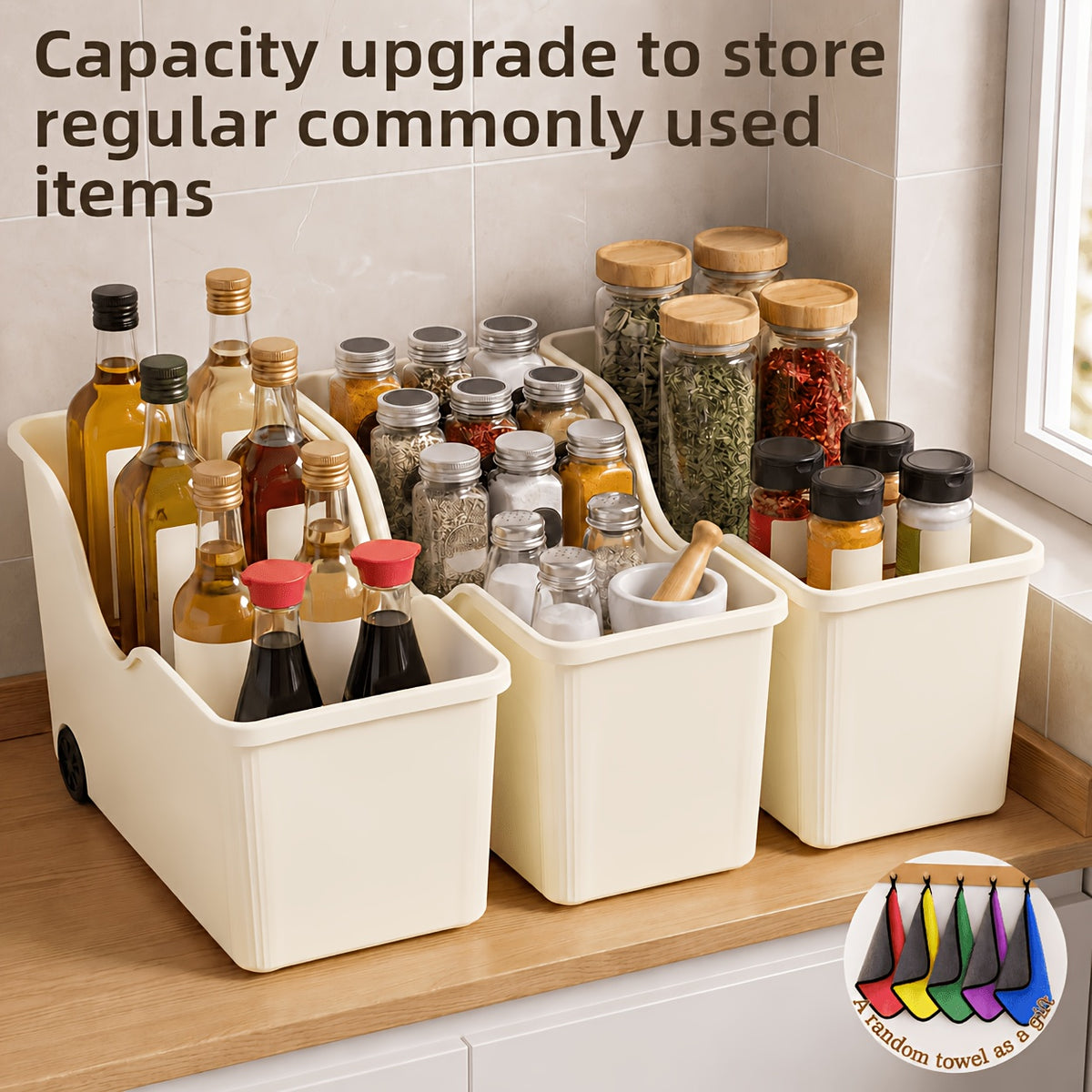 3pcs Plastic Organizer Bin With Wheels(Give A Random Towel As A Gift), Large Capacity Roll Out Plastic Storage Bins, Multi-purpose Kitchen, Bathroom And Pantry Storage Containers, Freezer & Cabinet Organization Bins