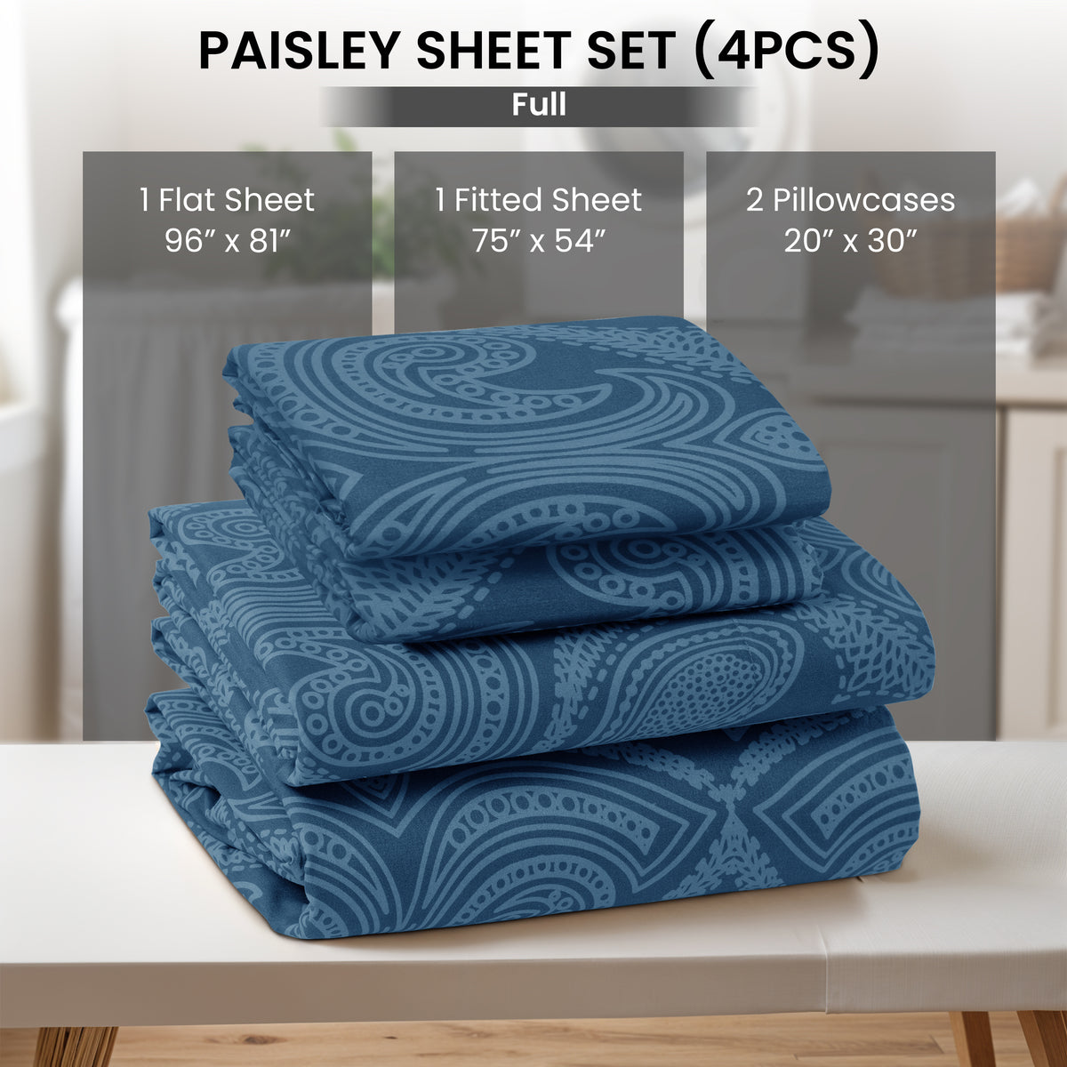 Paisley Bed Sheet Set, Soft Double Brushed Microfiber Bedding with 16-Inch Deep Pocket Fitted Sheet and Pillowcases in Six Sizes for Bedroom Comfort
