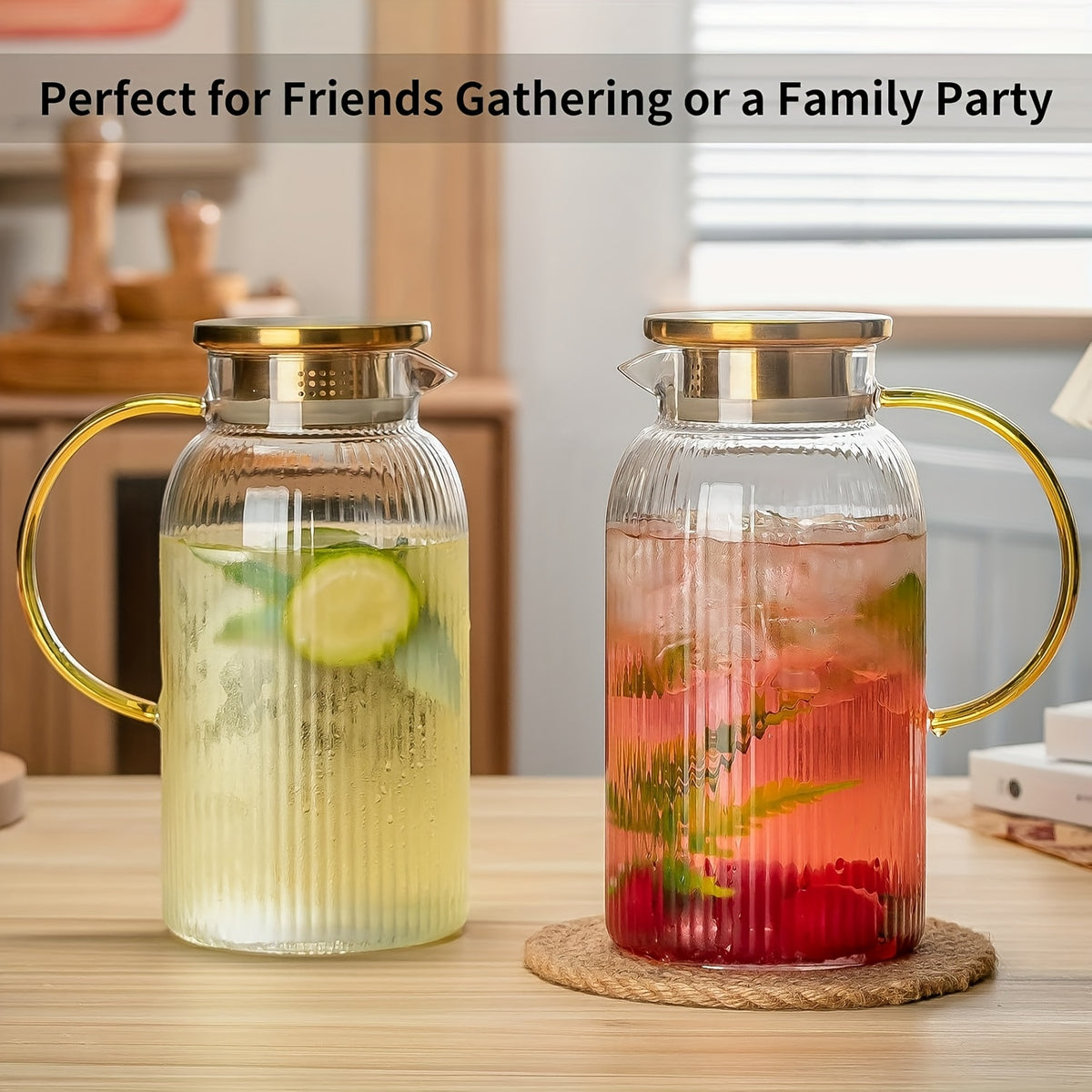 FBL&HM 2/4 PACK Glass Pitcher With 304 Stainless Steel Lid, 68 Oz/ 2 Liter Classic Vertical Stripes Water Pitcher, Glass Water Carafe For Cold Brew, Coffee, Lemonade, Iced Sun Tea, Beverage, Milk, Heat Resistant