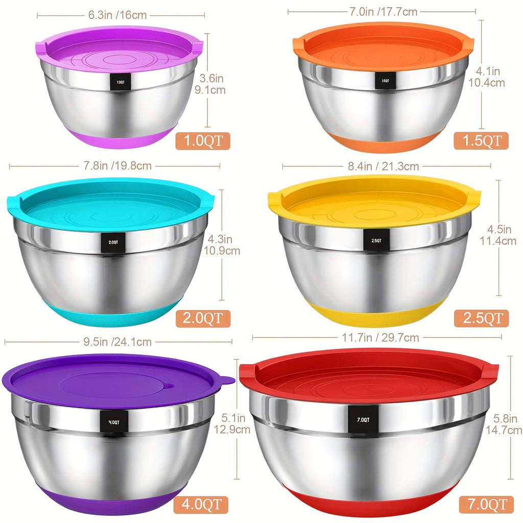 26pcs Mixing Bowls with Airtight Lids, Stainless Steel Bowls Set, 3 Grater Attachments & Black Non-Slip Bottoms Size 7, 4, 2.5, 2.0, 1.5, 1QT, Great for Mixing & Serving