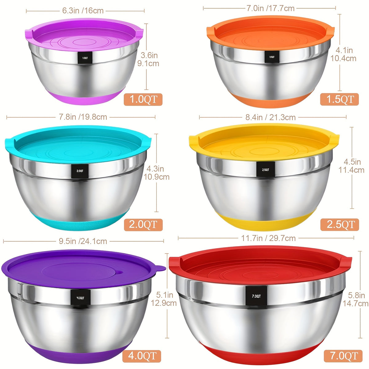 26pcs Mixing Bowls with Airtight Lids, Stainless Steel Bowls Set, 3 Grater Attachments & Black Non-Slip Bottoms Size 7, 4, 2.5, 2.0, 1.5, 1QT, Great for Mixing & Serving