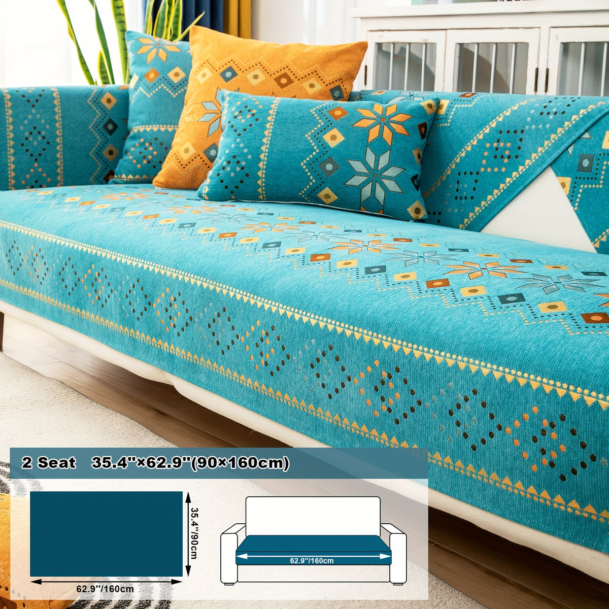 1pc Bohemian Chenille Sofa Cover Suitable for Sofa Sizes (Single to Four-Seater) - Thick Plush Non-Slip Couch Cover with Geometric Embroidery, Chenier Fabric Slipcover Fits for Sectional Sofas, Machine Washable Furniture