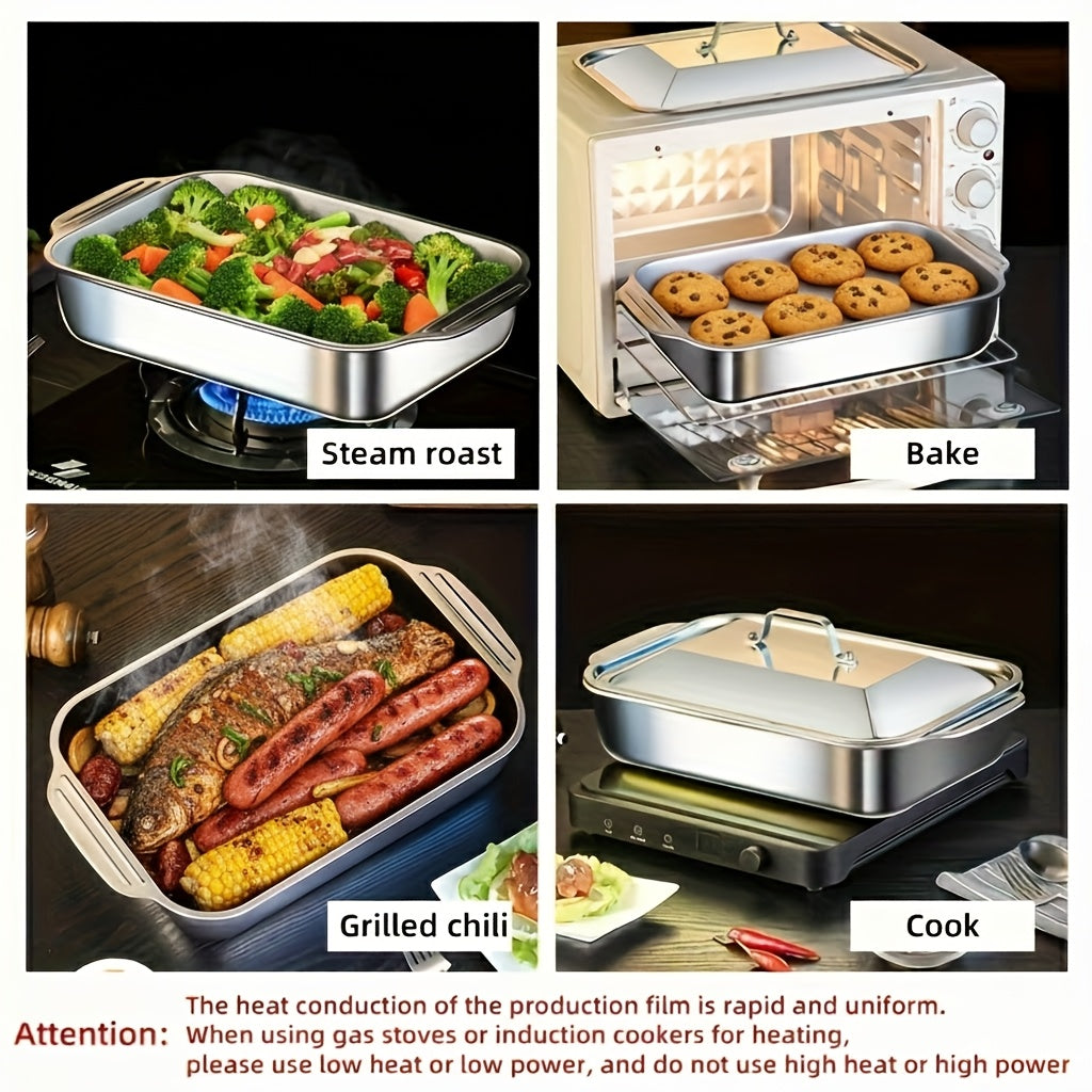 2pcs Stainless Steel Rectangular Baking Pans with Steel Lids - 6-liter Large Capacity, 16.14-inch Deep Baking Pan, Fish Pan, Grill Pan, Lasagna Pan, Chicken, Dishwasher Safe, Men's Gift, Father's Day