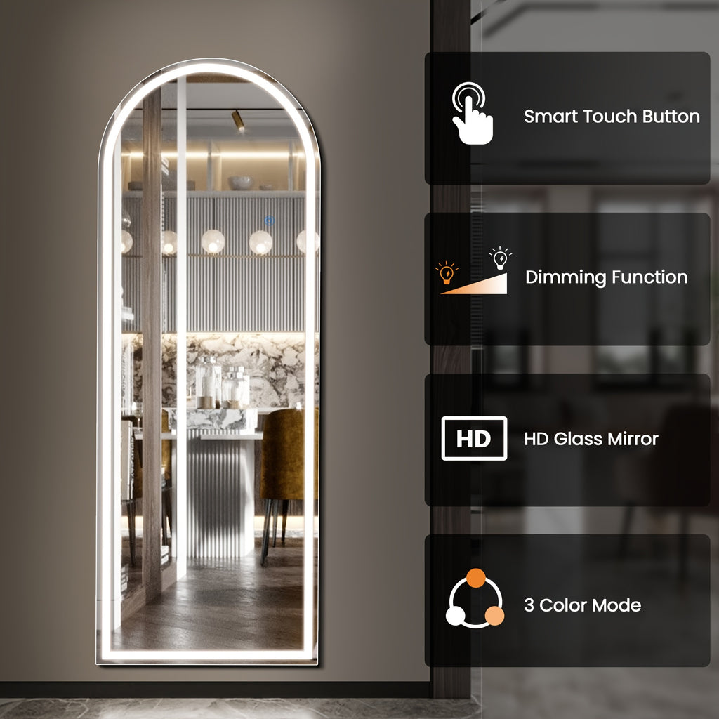 Full Length Mirror with LED Options, Arched or Rectangular Dressing Mirror in 16 x 60 and 26 x 71 Inch Sizes Plus Black 16 x 59 Inch Unlighted Style