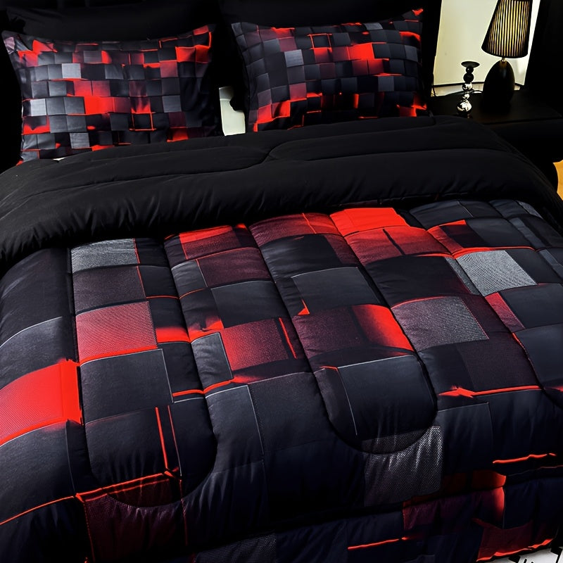 2D Flat Tog 4 3pcs Super Soft Fashion Sense Of Technology Grid Thickening Quilt Set (1 Comforter +2 Pillowcases Without Pillow Core), Contains Padding 180Gsm Quilting Soft Ventilate Digital Printing Bedroom Dormitory At Home Perfect Halloween Gift
