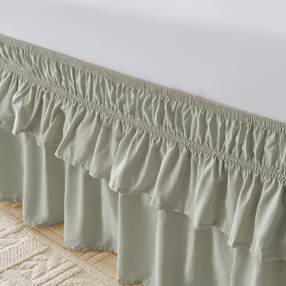 Double Ruffle Bed Skirt 16 Inch Drop, Elastic Wrap Around Bed Skirts For Twin Full Queen King Size Bed, Easy To Install Dust Ruffle, Machine Washable Soft Fabric, Multi Ruffle Bedskirt For Bedroom Bedding Home Decor