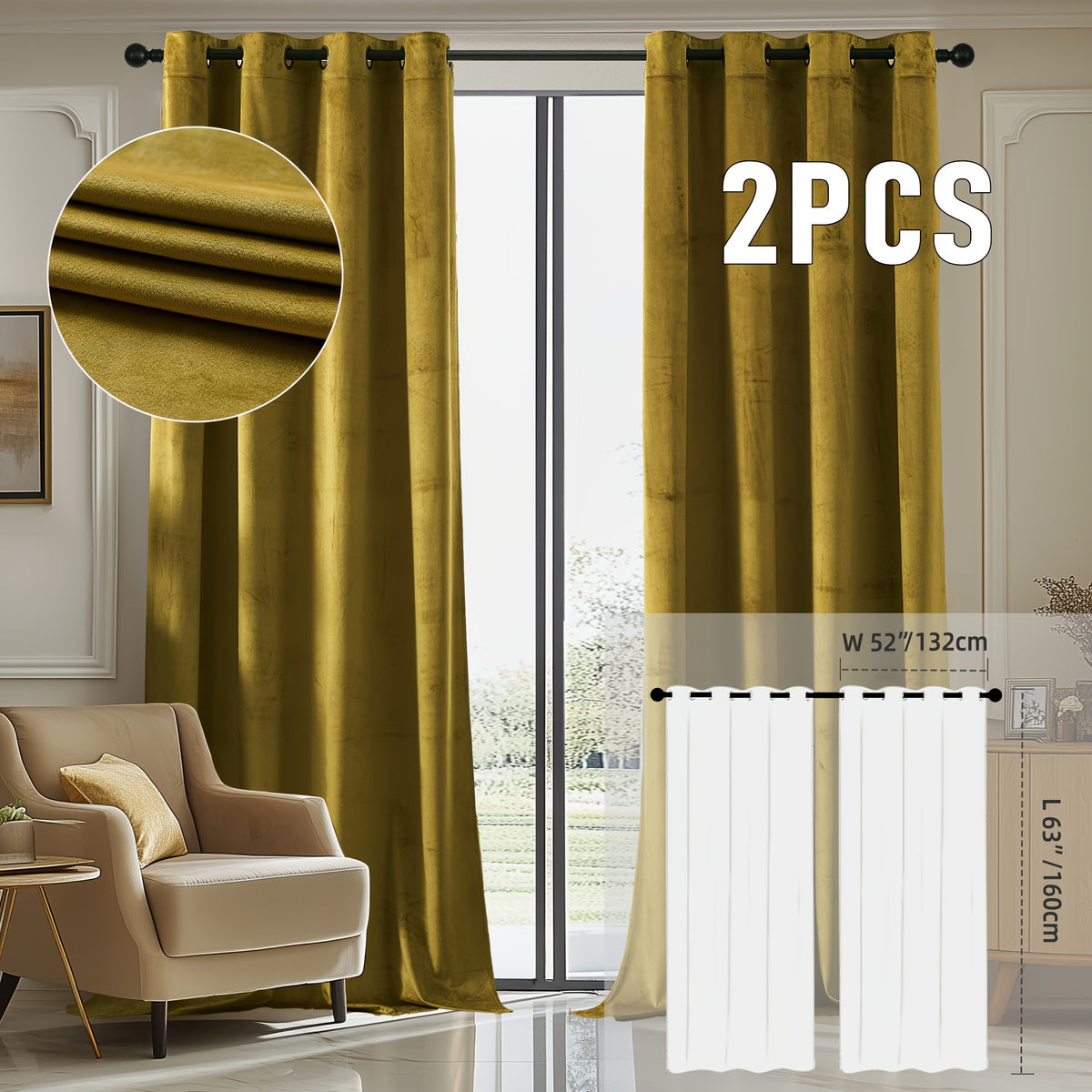 2pcs Velvet Room Darkening Curtains | Vintage Soundproof and Thermal Insulated, Elegant Soft Velvet Grommet Top Curtains for Living Room and Bedroom, Unlined, Solid Color, Fashionable Valentine'S Day Décor