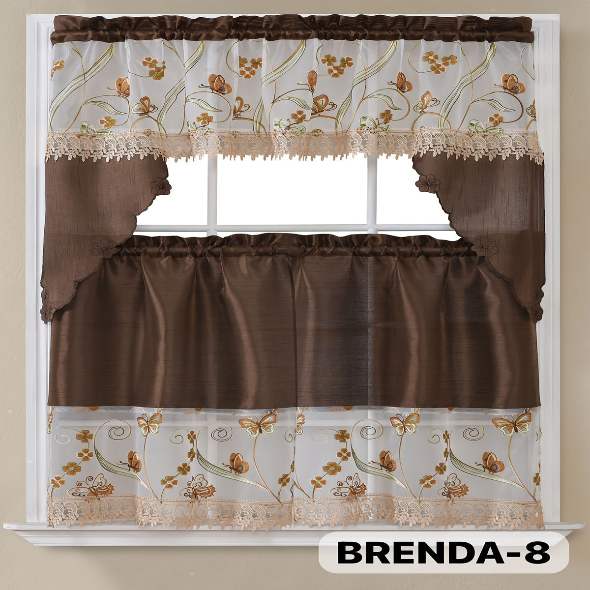 3pcs Bamboo Embroidered Kitchen Curtain Set, Floral Embroidery, Lightweight and Soft, Easy Care, Machine Washable, Satin Fabric, Embroidered