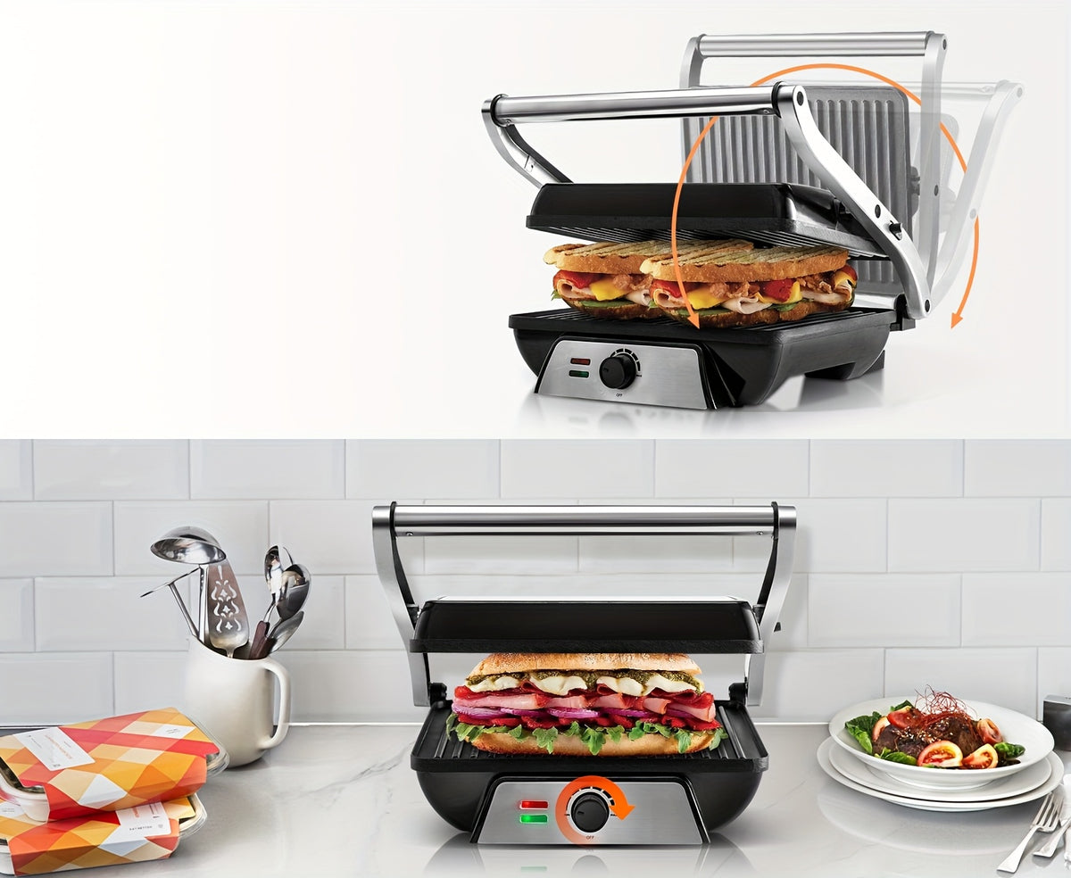 3-in-1 Electric Indoor Grill - Panini Press With Non-Stick Cooking Plates, Opens 180-Degree Gourmet Sandwich Maker, Floating Hinge Fits All Foods, Panini Press Grill With Grease Tray