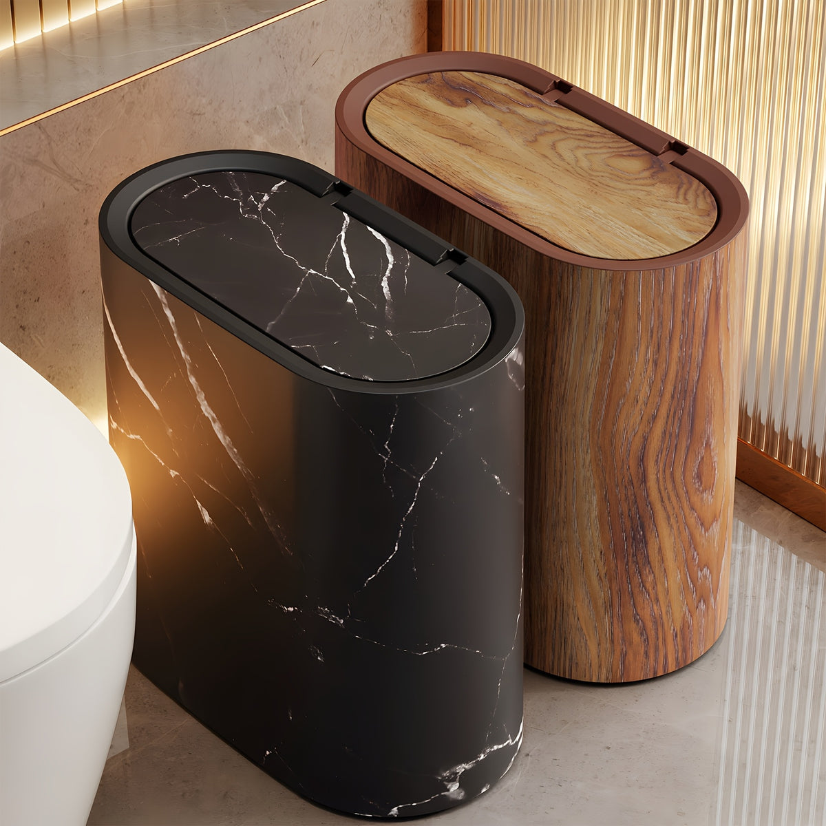 2pcs Trash Can with Marble And Wood Grain Pattern, Plastic Wastebasket with Built-in Handles, Easy to Clean, Rustproof, Space-Saving Design, Ideal for Small Spaces In Bathroom, Laundry, And Home Office, (2pcs/1pc), Halloween Gifts, Christmas Gifts