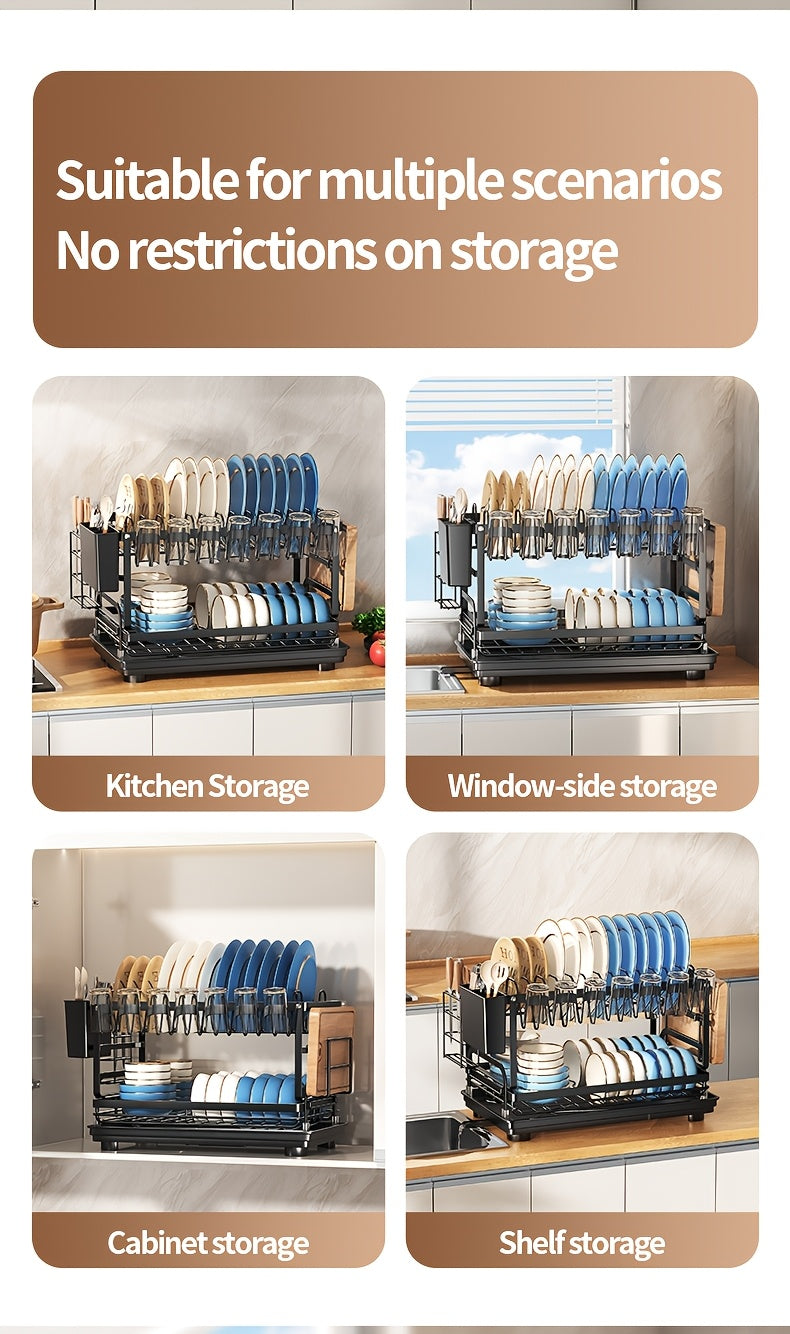 Two-tier Metal Kitchen Countertop Dish Rack Is Space-saving And Durable. It Comes with A Knife And Fork Holder, A Cup Rack, A Cutting Board Holder, And A Rust-proof Draining Tray. It Organizes Your Tableware And Helps Keep Your Kitchen Neat And Tidy.