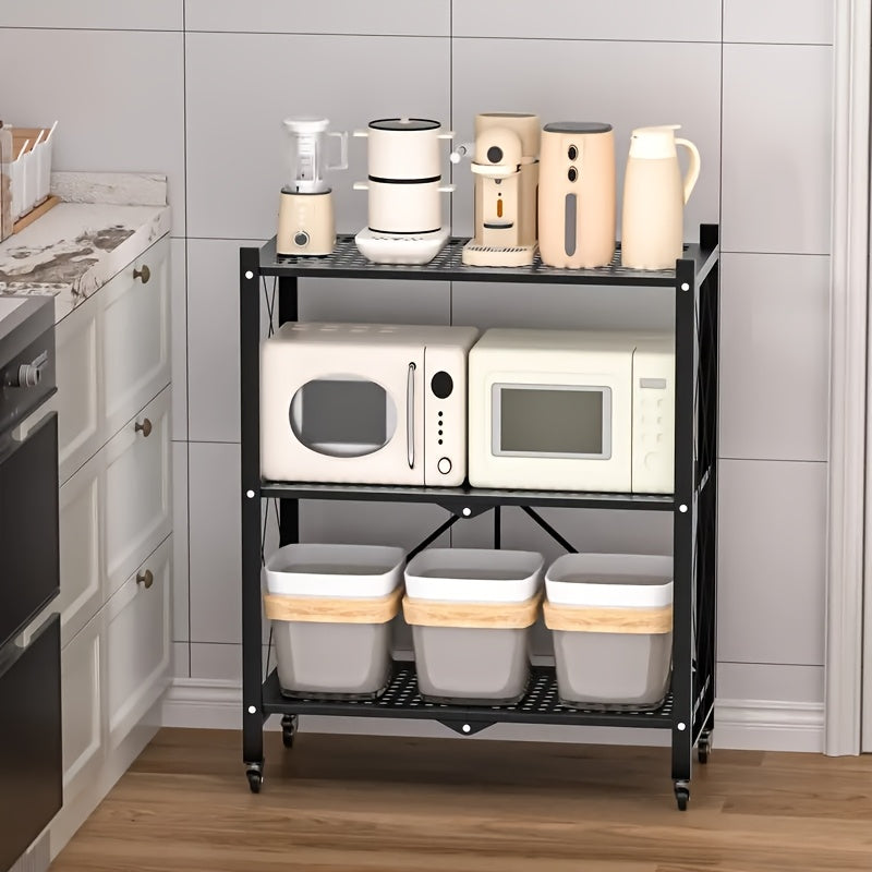 3-Layer Foldable Storage Rack with Wheels | High Load-bearing Capacity, Suitable for Garage and Kitchen Use, Black Iron Shelving Unit, Practical and Multipurpose, Utility Racks