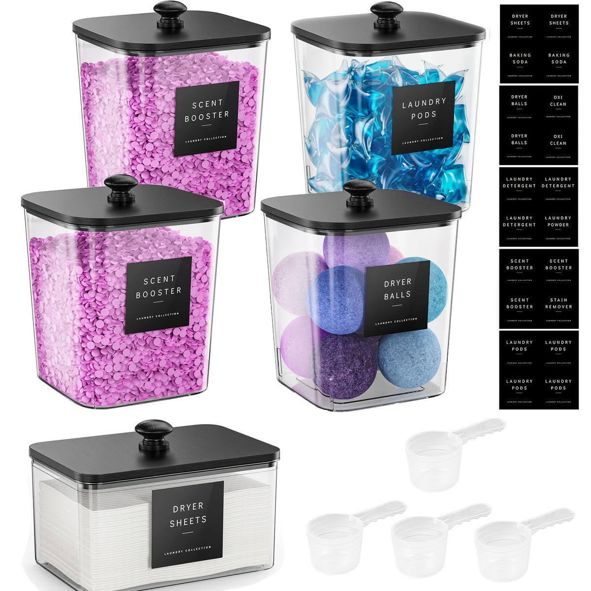 2/3/4+1 Pack Laundry Organization And Storage And Dryer Sheet Holder Set, Clear Laundry Room Organization Containers with Bamboo Lids And Labels, Laundry Pods Holder for Scent Booster, Powder, Pod