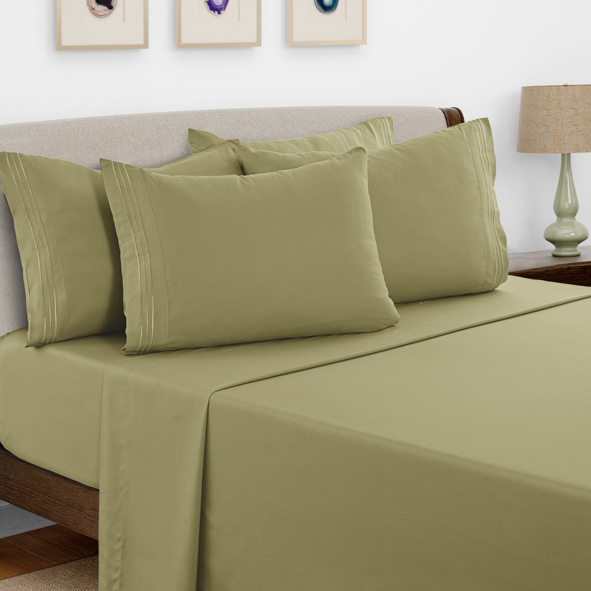 Lux Decor 6 Pieces Solid Bed Sheets Set - Modern Soft Comfortable Bedding Set, Hotel Luxury Skin Friendly Cooling Sheets & Embroidered Pillowcases Without Filler - All Seasons Bed Sheet with 16 Inches deep Pocket, Breathable Skin Friendly & Cooling Sheets