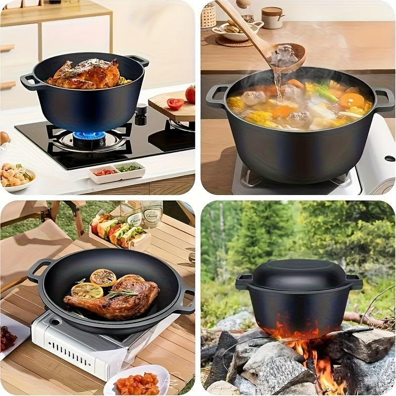 7QT Hand-built 2-in-1 Cast Iron Cookware Set (5.1QT Dutch Oven + 1.9QT Skillet) Dual-Purpose Holiday Cooking Kit For Stove, Induction, Oven, Campfire, With 2 Handles Outdoor BBQ &Indoor Make Sourdough Bread, Frying, Baking, Camping
