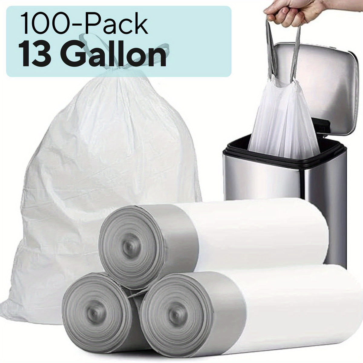 100-Pack Heavy Duty 13 Gal Drawstring Trash Bags - 1mil Leak-Proof Commercial-Grade Garbage Liners for Restaurants, Offices & High-Traffic Areas - Extra Thick Tear-Resistant Design