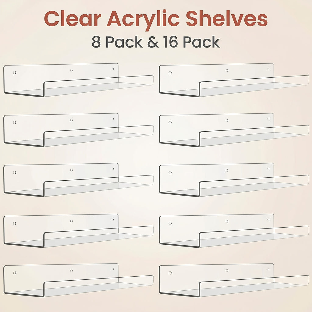 Chefstory 8/16 Pack Acrylic Floating Shelves | 15 Inchx4 Inch Wall Hanging Display Shelf Organizer for Bathroom, Bedroom, Living Room, Kitchen, Room Decor, Clear