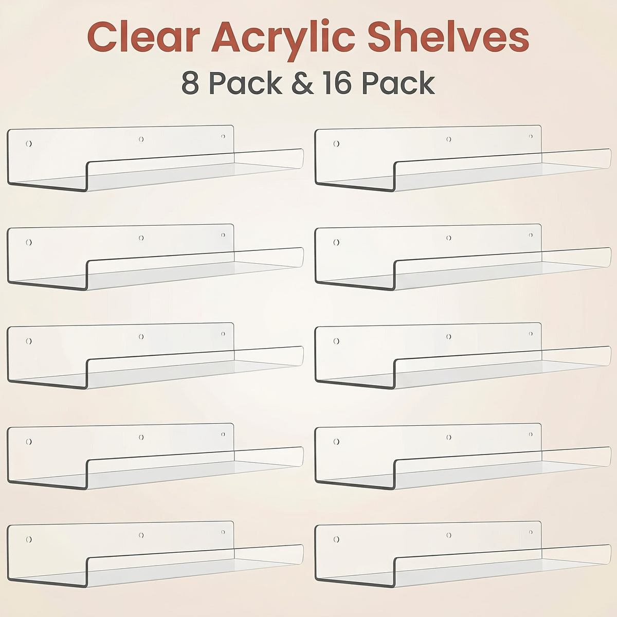 Chefstory 8/16 Pack Acrylic Floating Shelves | 15 Inchx4 Inch Wall Hanging Display Shelf Organizer for Bathroom, Bedroom, Living Room, Kitchen, Room Decor, Clear