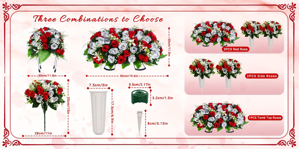 1/3pcs Artificial Cemetery Flowers for Graves with Saddles, Artificial Silkyy Rose Flowers And Bouquets with Vases, Headstone Flower Saddle, Memorial Day Flowers for Cemetery, Outdoor Grave Headstone Decoration