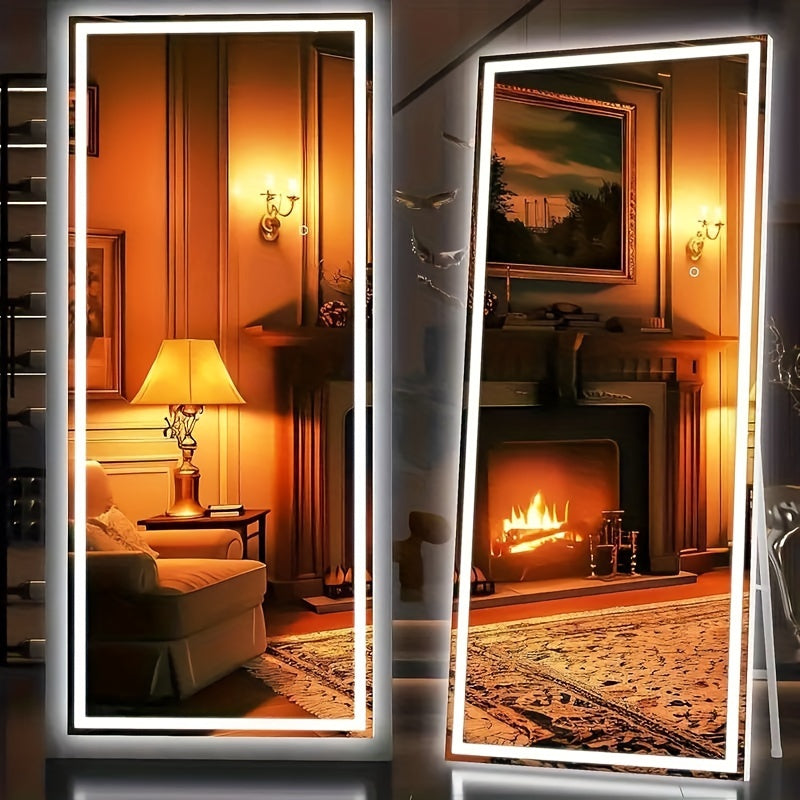LED Lighted/Not-LED Lighted Full-Length Mirror with Arched/Rect Top - Aluminum Frame Floor-Standing Dressing Mirror for Bedroom & Living Room, Black/Golden/White
