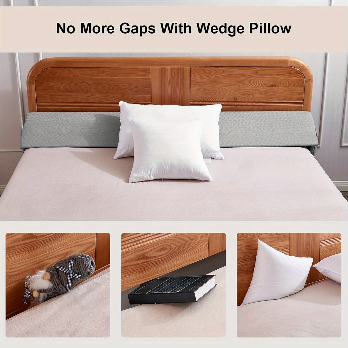 Bed Gap Filler Pillow with Side Pocket, Triangular Headboard Mattress Wedge for Bedroom Backrest Support in Twin, Full, Queen and King Sizes