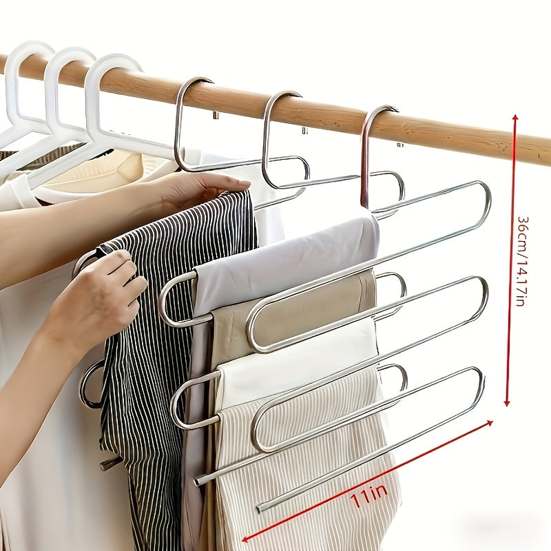 5 Tier Stainless Steel Pants Hanger S Shaped, Non Slip, No Mark Multi Layer Organizer For Closet Storage, Ideal For Jeans & Trousers, Space-Saving Design For Neat Wardrobe Organization, Clothes Organizer Storage
