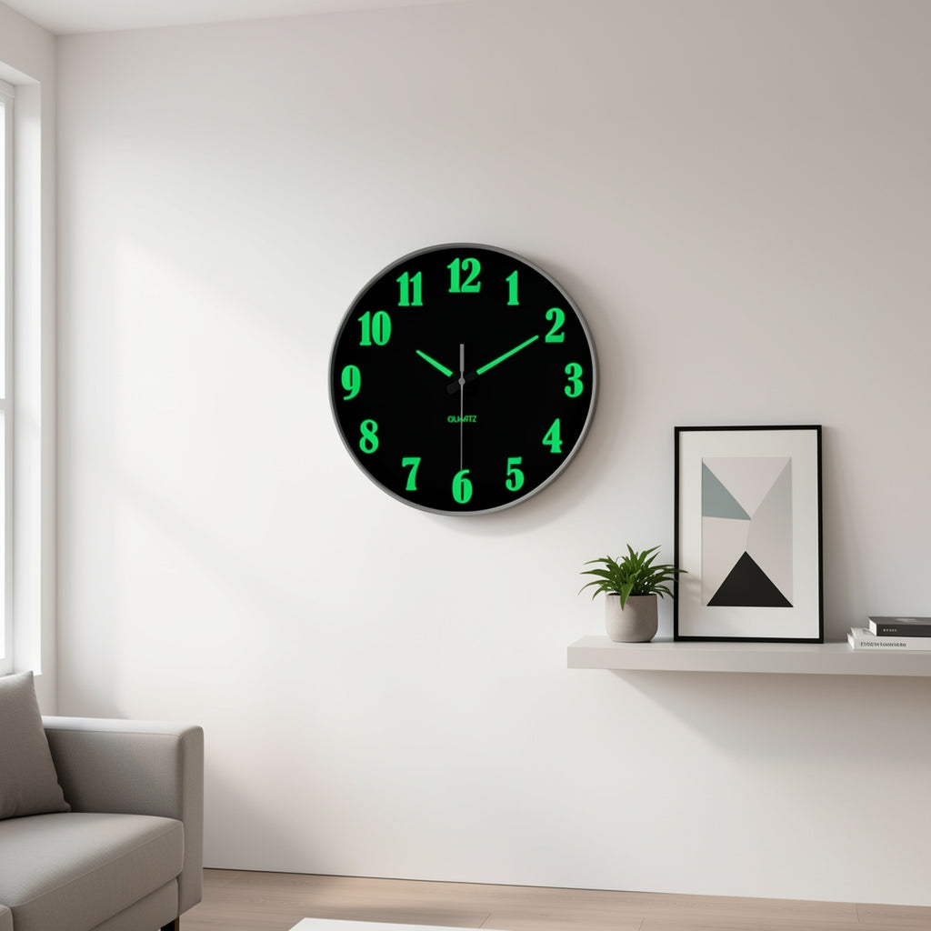 8-16 Inch Modern Black Glow-in-the-Dark Wall Clock, Silent No-Ticking, Battery Powered, Decorative Clock for Living Room, Bedroom, Office & Kitchen, Plastic Frame with High-Transparency Glass Mirror, Perfect Christmas & Housewarming Gift