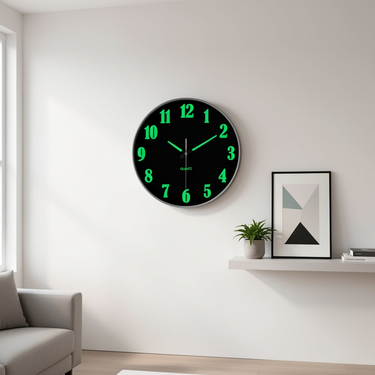 8-16 Inch Modern Black Glow-in-the-Dark Wall Clock, Silent No-Ticking, Battery Powered, Decorative Clock for Living Room, Bedroom, Office & Kitchen, Plastic Frame with High-Transparency Glass Mirror, Perfect Christmas & Housewarming Gift
