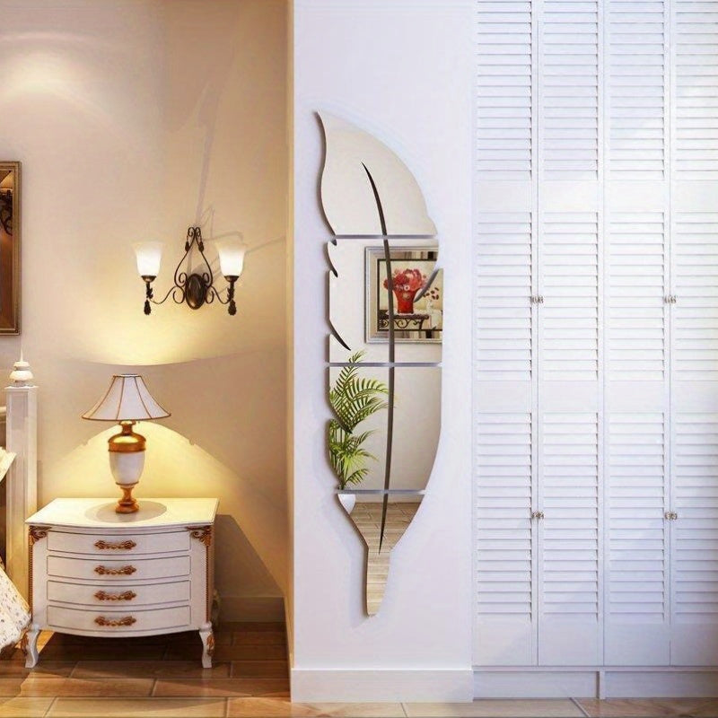 Aryclic Feather Mirror Wall Stickers, Self Adhesive Silver Home Art Decal Wall Decor, Living Room And Bedroom Wall Decoration