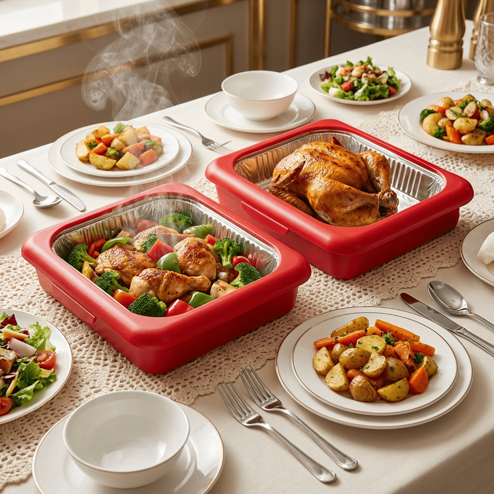 Set of 3 Elegant Pans 2 IN 1 Reusable Plastic Food Storage Boxes with 2 Complimentary Foil Trays for Outdoor Gatherings, Celebrations, Christmas, And Thanksgiving Presents