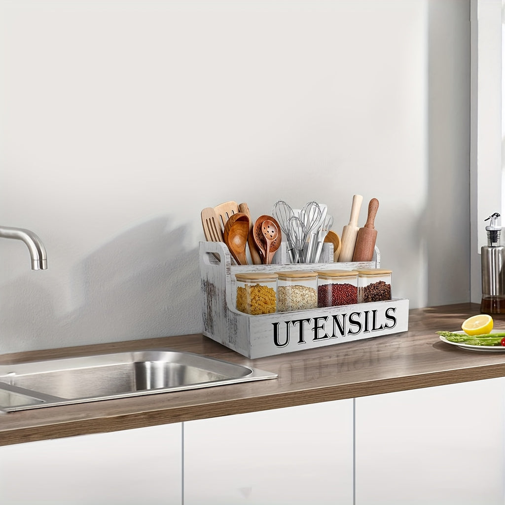 Extra Large Kitchen Utensil Organizer with 4 Compartments, White Wooden Kitchen Utensil Organizer for Kitchen Countertops, Farmhouse Utensil Storage, Rustic Cooking Utensils - White.