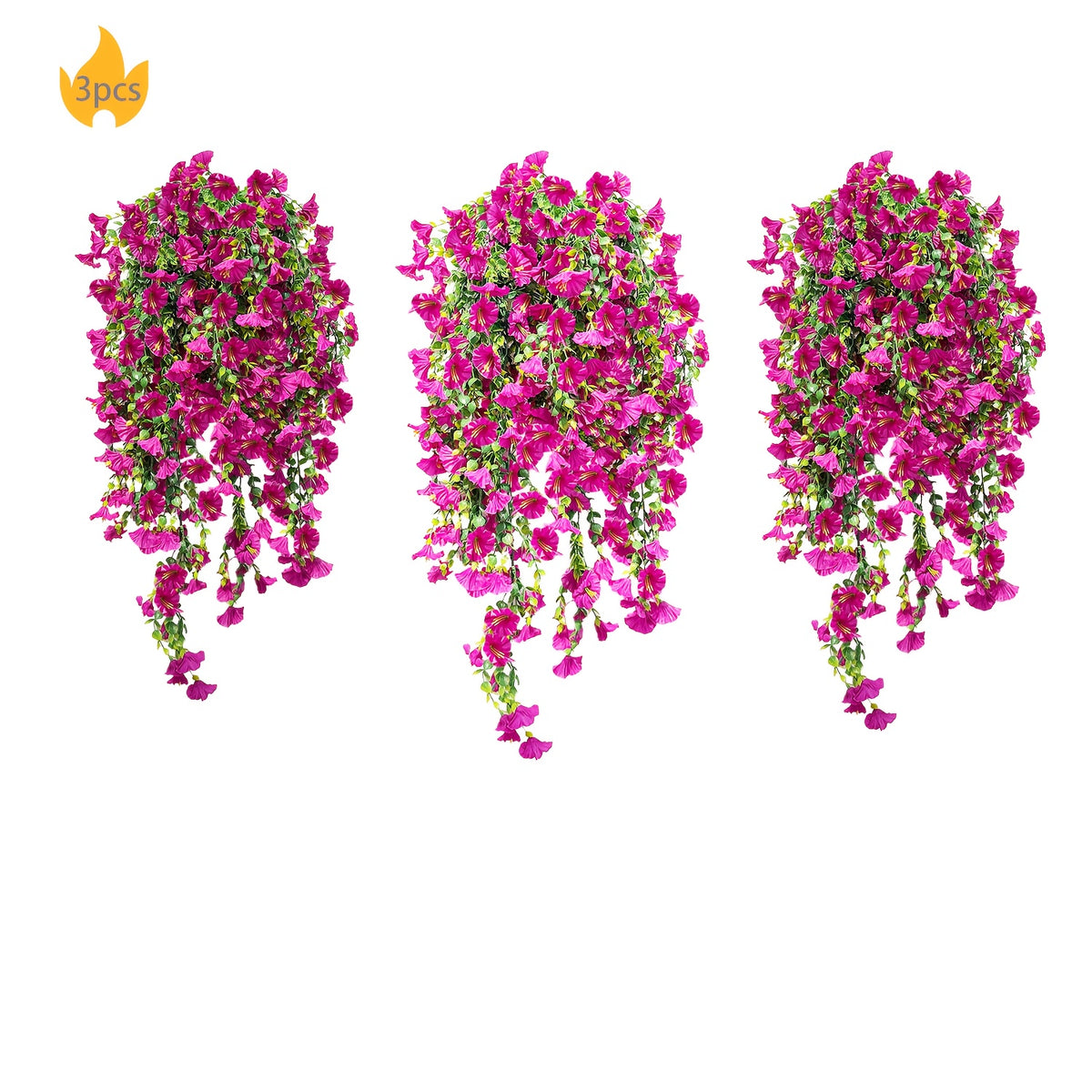 Artificial Hanging Morning Glory Flowers, 3-Piece Faux Floral Decor in Mix or Fuchsia for Porch Baskets, Garden Displays, Home and Office Styling