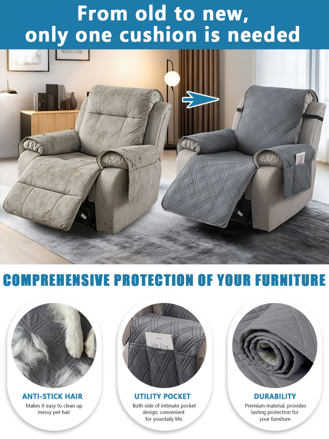 1pc 100% Waterproof Recliner Chair Cover, Non Slip Recliner Covers for Recliner Chair with Pocket, Pet Scratch-Resistant Sofa Slipcover, Washable Furniture Protector, Easy to Install for Living Room, Bedroom, And Study, Halloween Home Decorations