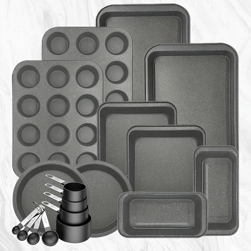 2/6/7/8/12/16/18pcs Nonstick Baking Pans Set Kitchen Baking Sheets Oven Bakeware Sets Round/Square Cake Pan Muffin Pan, Loaf Pan, Roast Pan, Cookie Sheet Baking Supplies Grey Measuring Spoon Scraper Rack Whisks Bread Bag Muffin Cups Spatulas
