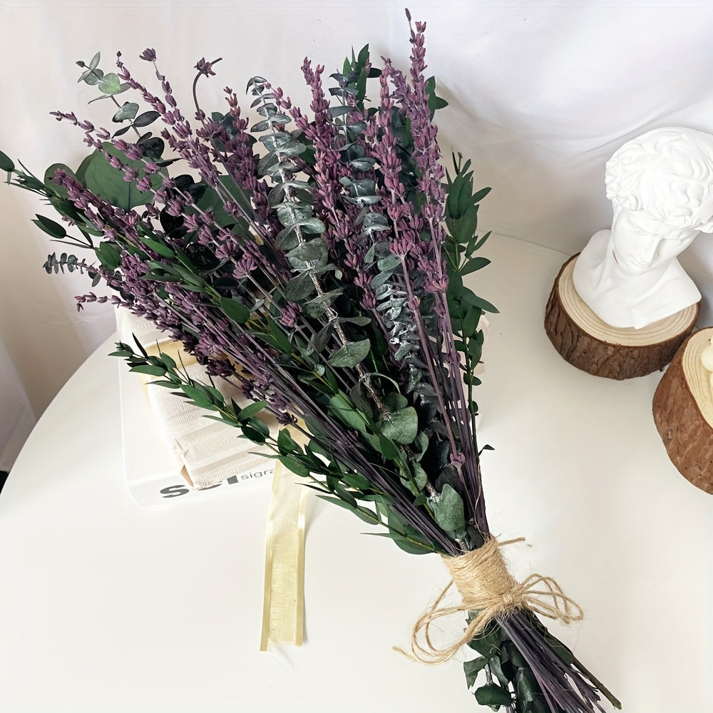 60+ Pcs Dried Preserved Eucalyptus Stems & Purple Lavender Flowers for Shower, 17'' Hanging Silver Dollar Eucalyptus Leaves Stems, Fragrance Home Bathroom Decor