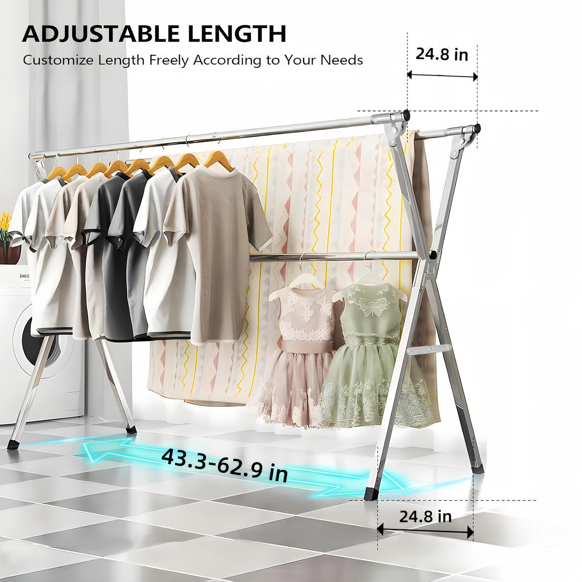 Foldable Metal Clothes Drying Rack, Adjustable Three Rod, with Space-Saving Storage, for Indoor And Outdoor Use, for Clothes, Blankets And Bedding, Drying Racks