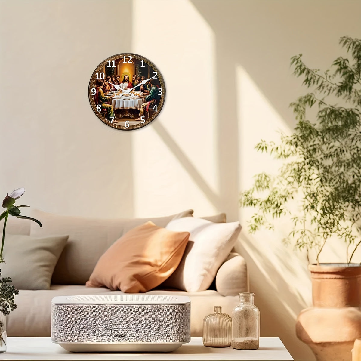 Religious Last Supper Wall Clock- Silent Non-Ticking Mute Clock& Disciples, Large Face, Golden Hands& Roman Numerals- Artificial Construction for