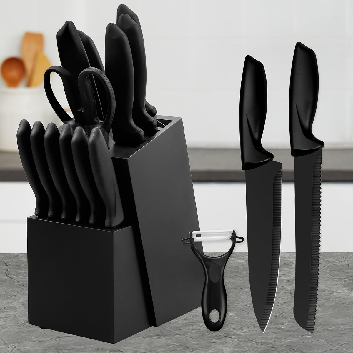 Stainless Steel Knife Block Set, 15 Piece Kitchen Knife Collection with Steak Knives and Storage Block in Five Styles for Everyday Home Cooking