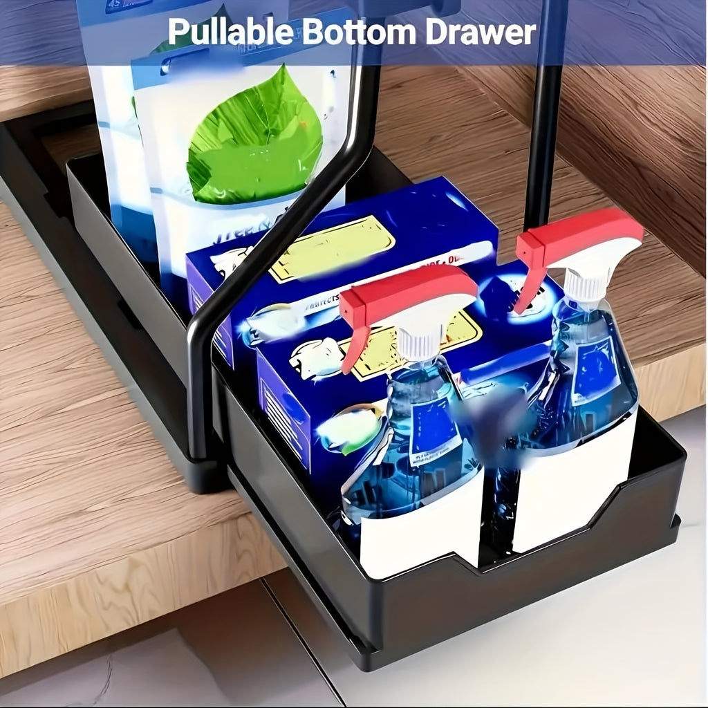 2pcs Under Sink Organizer with Sliding Shelves Multi-Purpose Black Plastic Storage Basket for Bathroom And Kitchen Cabinet Durable Construction Bathroom Organizer