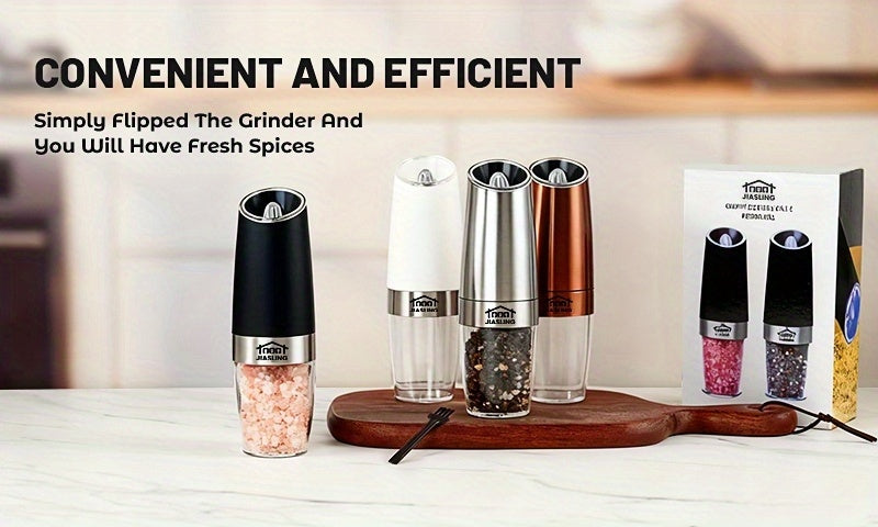 Gravity Sensor Salt and Pepper Grinder Set, 2-Piece Battery-Powered Electric Mills with Blue LED Light and Adjustable Ceramic Core for Home Dining