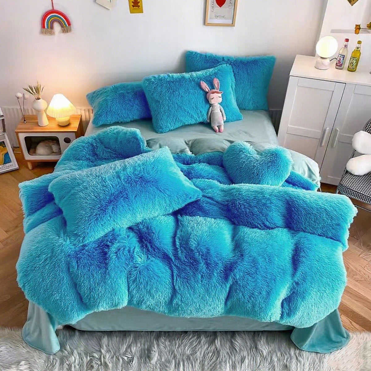 3/4pcs Plush Faux Fur Comforter Cover Set for Kids & Teens - Includes Pillowcases + Plush Heart Pillow - Twin/ Queen/ King Sizes - Super Soft, Warm, Machine Washable (Duvet Cover Only, No Comforter)