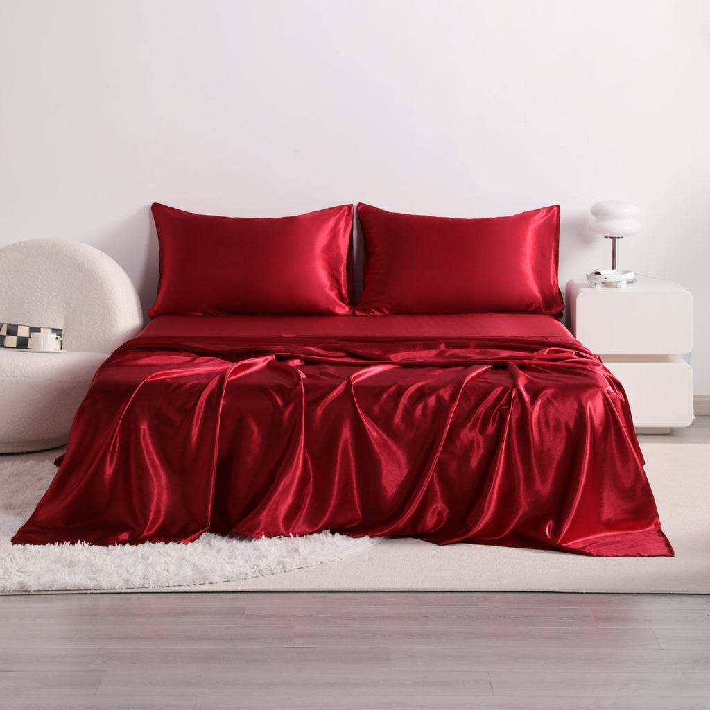 4pcs Cooling Satin Bed Sheet Set, Shrink-Resistant, Fade-Resistant, Hypoallergenic, Breathable,Flat Sheet & Fitted Sheet & Pillowcase Set with Deep Pocket, 300 Gsm