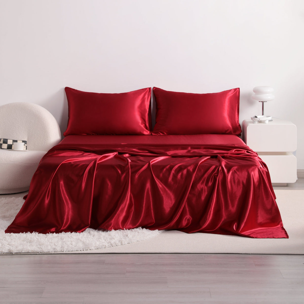 4pcs Cooling Satin Bed Sheet Set, Shrink-Resistant, Fade-Resistant, Hypoallergenic, Breathable,Flat Sheet & Fitted Sheet & Pillowcase Set with Deep Pocket, 300 Gsm