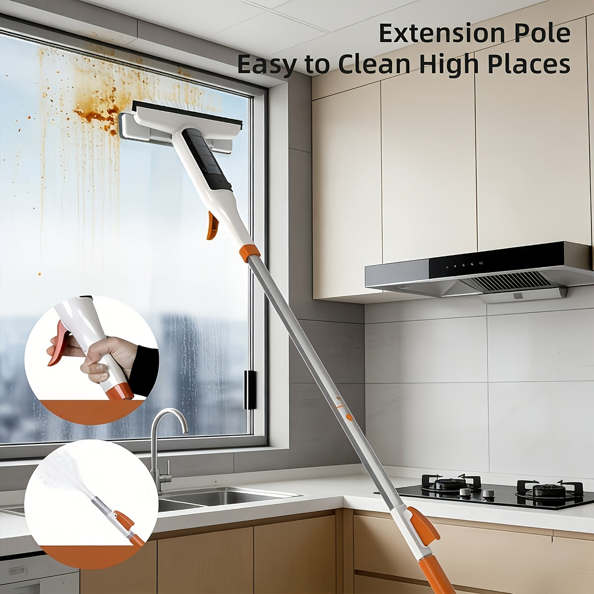 [3-in-1 Glass Cleaning] 3-in-1 Glass Cleaning Kit - Durable Metal Pole, Scraper Included - Ideal for High Windows, Shower Doors & Car Windshields - Essential Home Cleaning Tool
