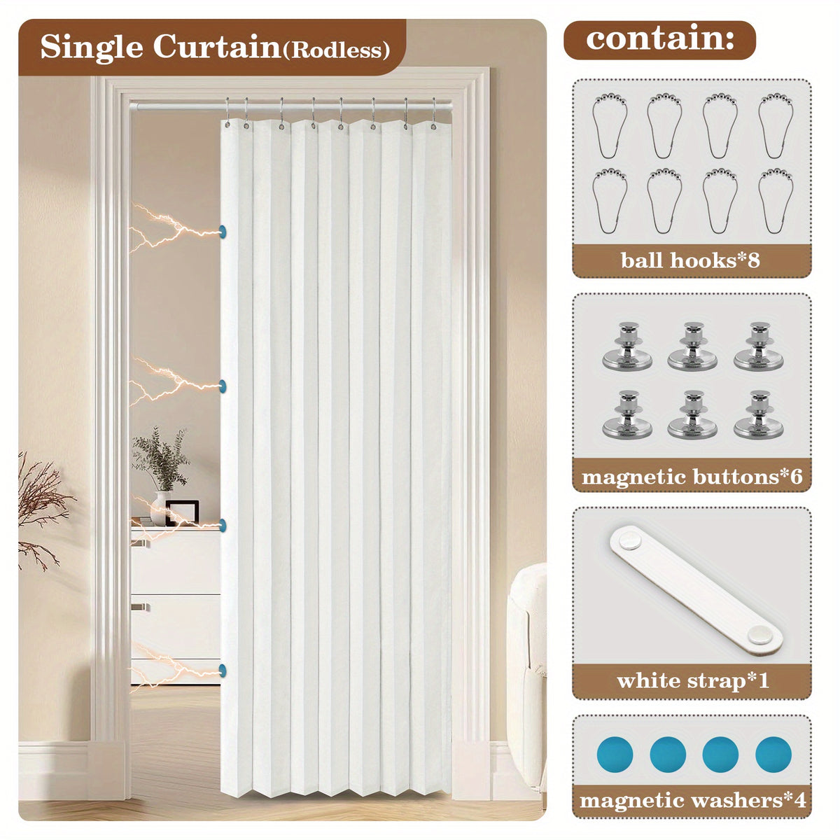 1pc Foldable Door Curtain, No-Rods Partition Privacy Waterproof, with Hook Attachment And Binding, All Season Available Bathroom