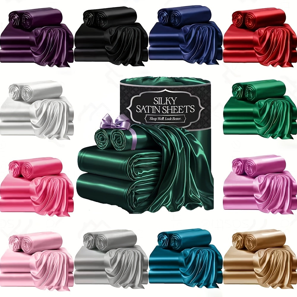 3/4pcs 2100TC Satin Sheets Queen Size Bed Set-Child Satin Bed Sheets Ultra Soft Satin Sheets Queen Set, Breathalbe Satin Bed Sheets Bed Sheets All Sizes Soft Satin Bedding for Bedroom 5 Star Luxury Hotel Experience W/ The Premium Satin Sheets