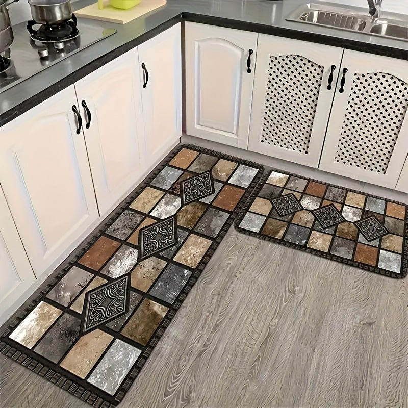 Plaid Kitchen Rug Set, 2-Piece Brown Absorbent Diatomaceous Earth Floor Mats with Non-Slip Backing, Machine Washable Quick-Drying Runner